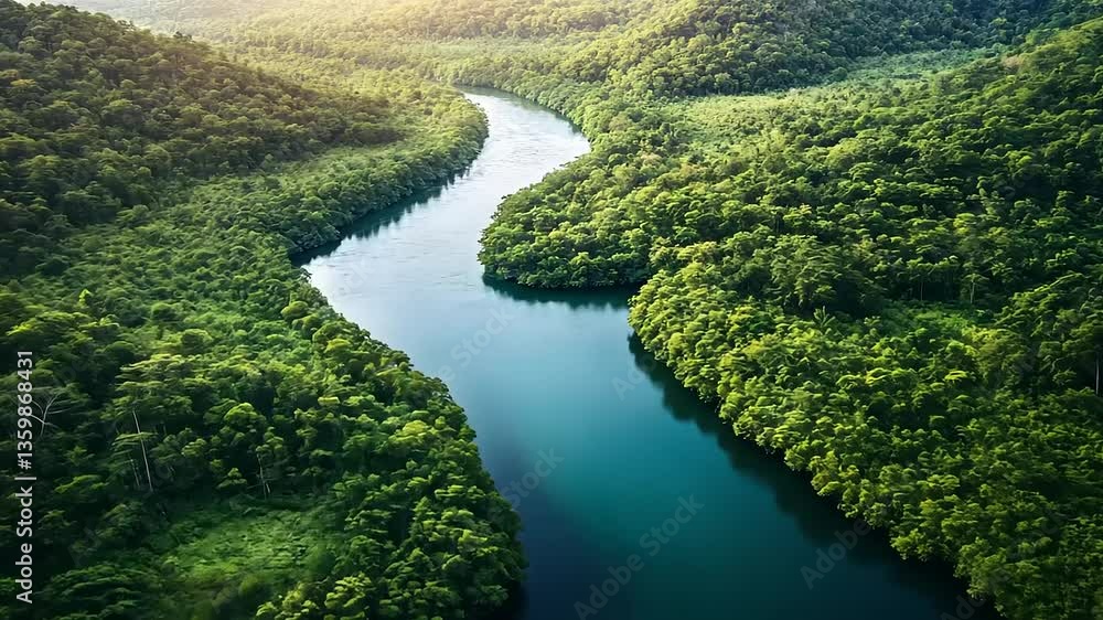 Aerial View of Serene River Winding Through Lush Green Rainforest Aerial View of Serene River Winding Through Lush Green Rainforest
