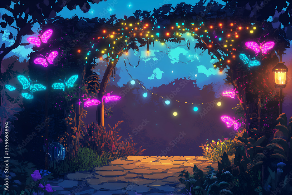 Obraz premium Pixel art futuristic garden trellis with glowing tech-enhanced vines and robotic bees