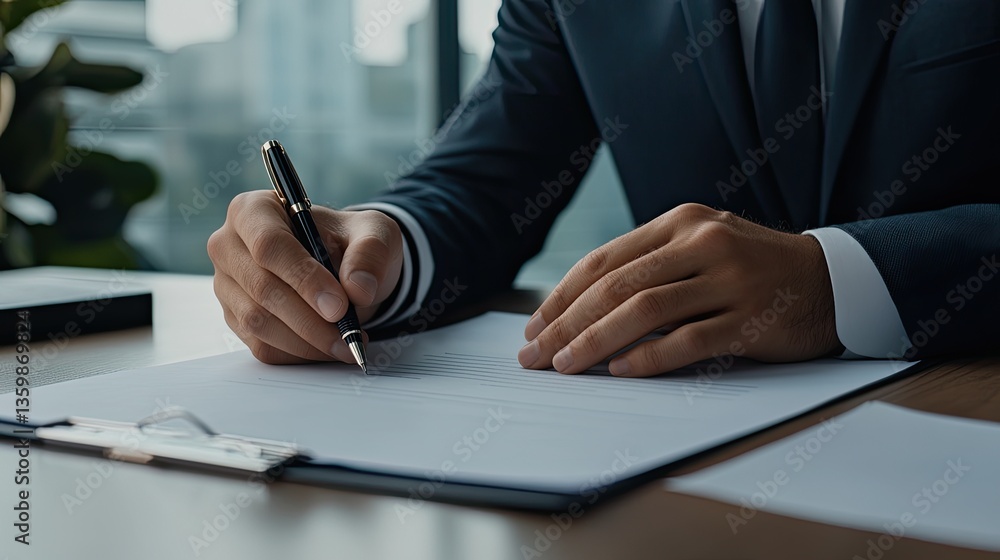 Close-up view of a businessman in a suit signing a contract with a pen at a white desk in a professional office setting