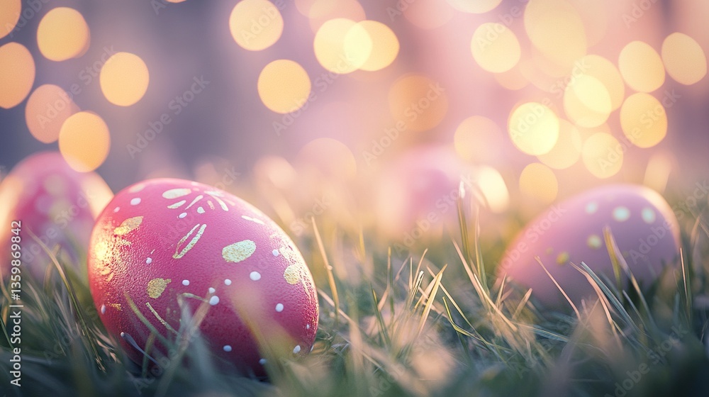 A close-up of hand-painted Easter eggs resting in soft grass, with a blurred bokeh background in pastel tones. Soft natural lighting adds warmth. A close-up of hand-painted Easter eggs resting in soft grass, with a blurred bokeh background in pastel tones. Soft natural lighting adds warmth.