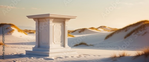 Fototapeta Naklejka Na Ścianę i Meble -  White stone podium with empty space for product showcase on sand beach backdrop.
