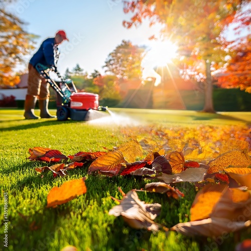 Lawn care expert aerates turf in autumn while vibrant leaves fall in the background during golden hour