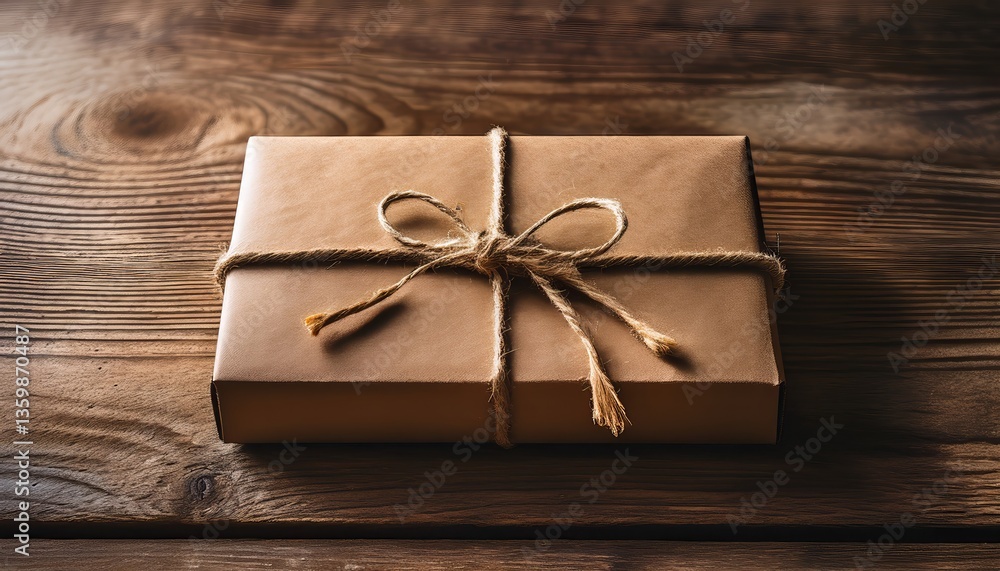 Gift wrapped in brown paper and twine placed on a rustic wooden surface for a thoughtful present idea during any occasion Gift wrapped in brown paper and twine placed on a rustic wooden surface for a thoughtful present idea during any occasion