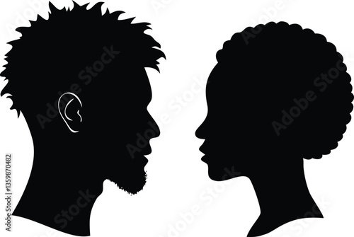 African Couple Silhouette Facing Each Other, Man Beard, Woman Afro, Isolated on White
