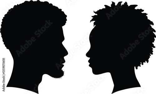 Afro Silhouette African American Man and Woman Profile Facing Each Other Black&White