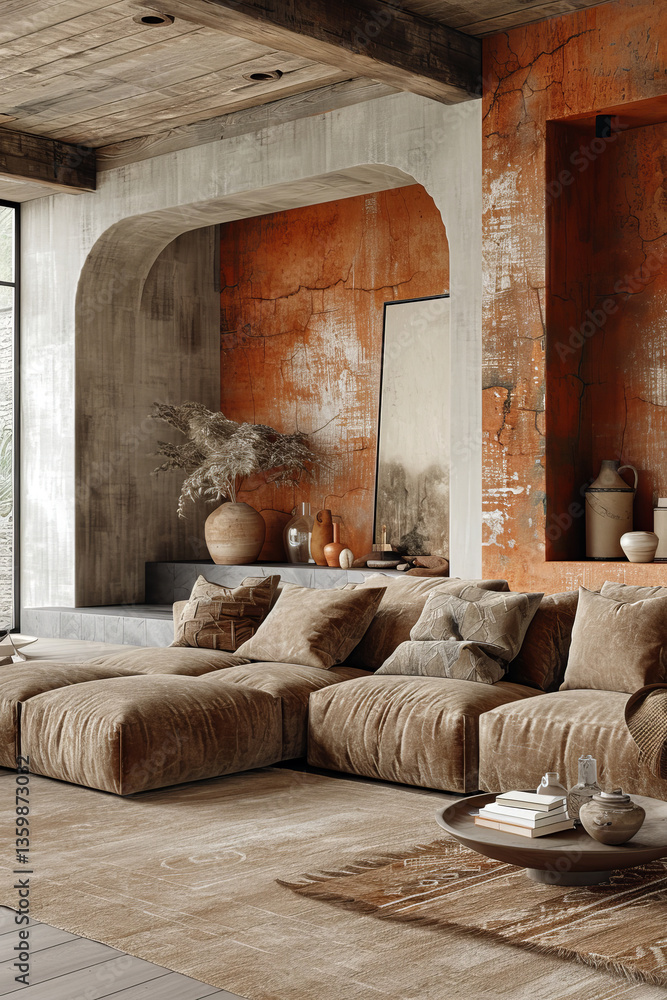 Earth-toned living room with a plush beige sectional sofa, rustic terracotta accent wall, arched concrete details, and natural pottery decor in a modern boho setting. Earth-toned living room with a plush beige sectional sofa, rustic terracotta accent wall, arched concrete details, and natural pottery decor in a modern boho setting.