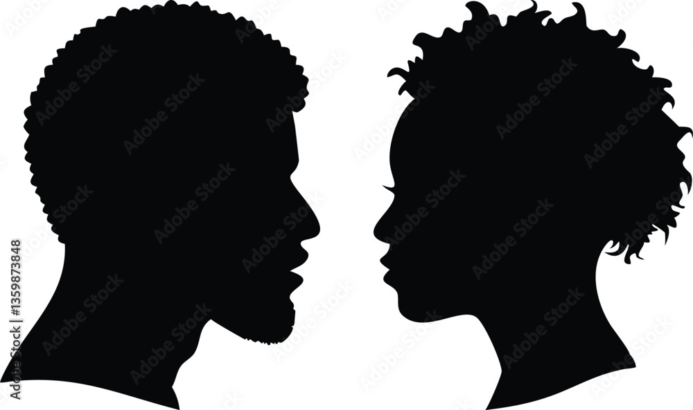 Black Silhouettes of Man and Woman Gazing Face to Face Afro Hairstyles, Minimalist Art Black Silhouettes of Man and Woman Gazing Face to Face Afro Hairstyles, Minimalist Art