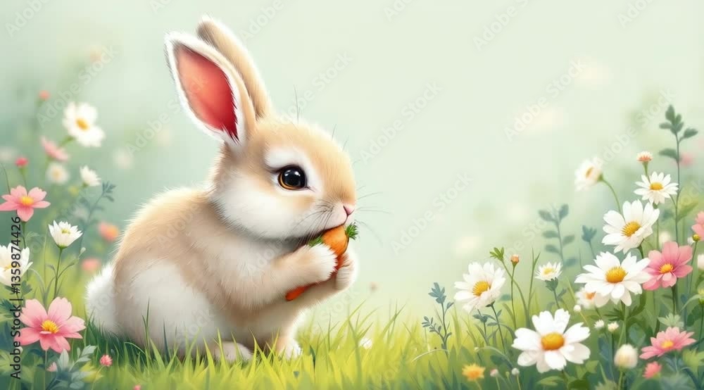 Cute bunny eating carrot in flower field Cute bunny eating carrot in flower field