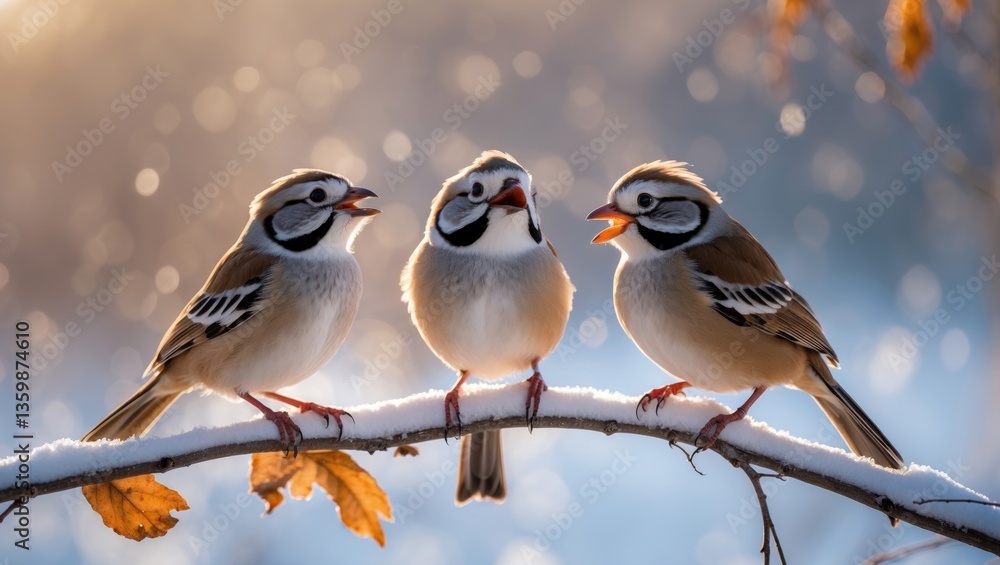 Fototapeta premium Three amusing birds perched on a branch during winter