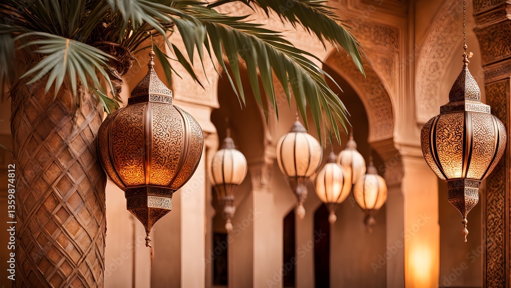 Ornate, illuminated Moroccan lanterns hang a tranquil courtyard, bathed warm light. Palm fronds add a touch natural beauty.