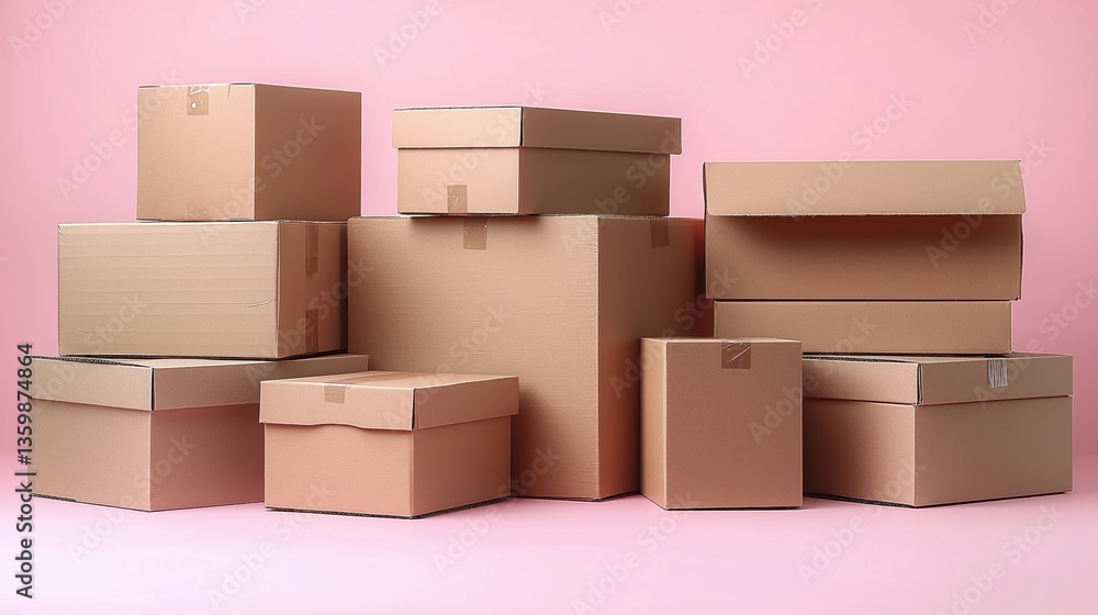 Fototapeta premium Stacked cardboard boxes arranged against a pink backdrop for shipping and storage purposes