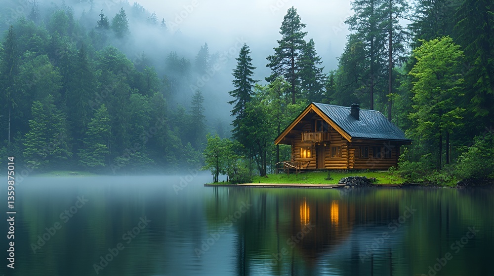Fototapeta premium Misty Lakeside Cabin in the Woods