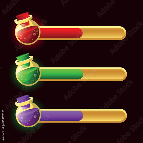 Mana. Potion bottle set. Elixir of health or mana. Icons for video games. Vector clipart.