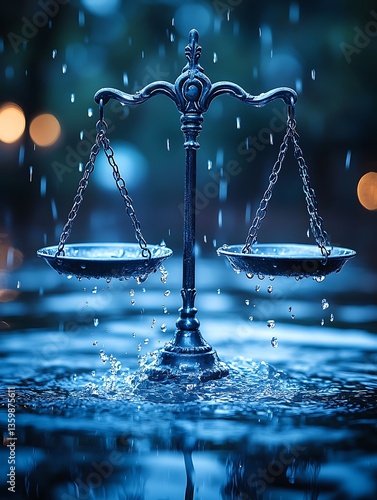 A balance scale stands in water as rain gently falls