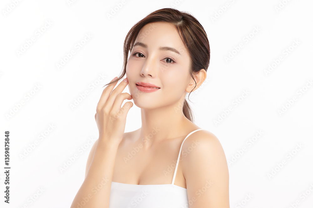A beautiful young Asian woman with clean, fresh skin against a white background. Skincare, facial treatment, cosmetology, beauty, and spa. An elegant portrait of an Asian woman. A beautiful young Asian woman with clean, fresh skin against a white background. Skincare, facial treatment, cosmetology, beauty, and spa. An elegant portrait of an Asian woman.