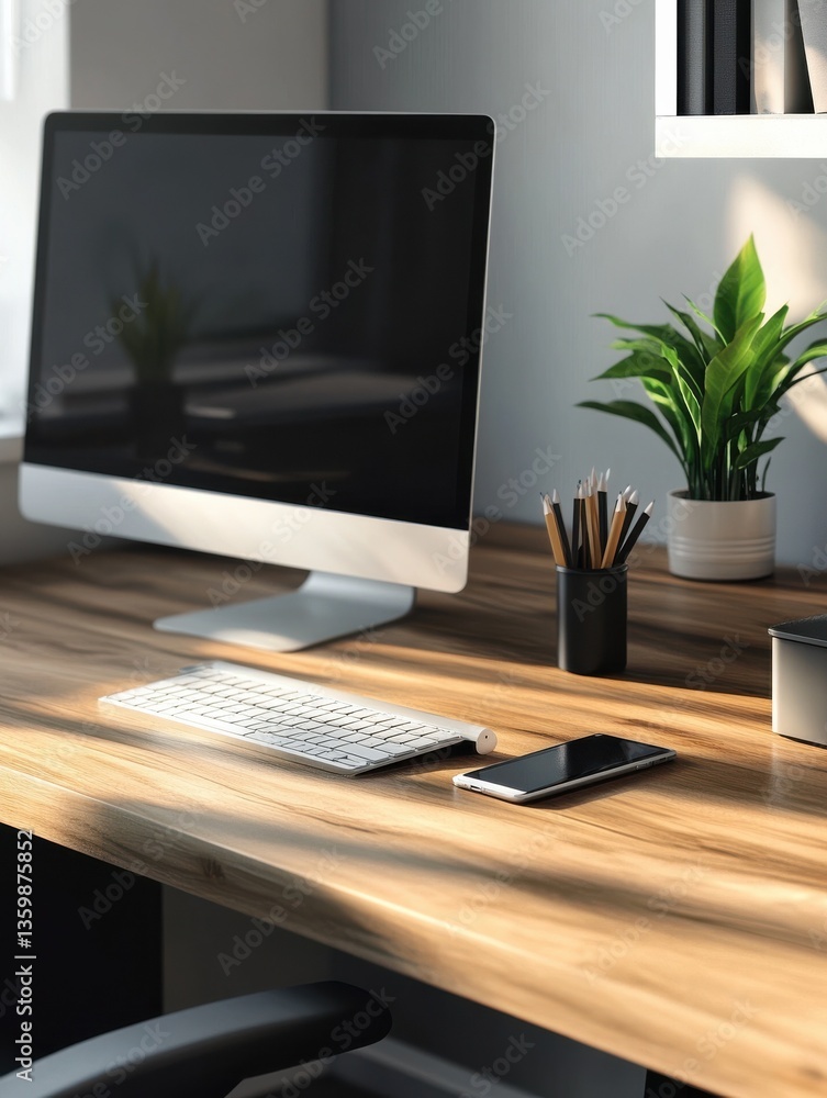 Fototapeta premium A clean and organized modern office desk with a beautiful woodgrain top, featuring a computer monitor, a keyboard, a smartphone, and a pencil holder. The desk exudes a sense of productivity and style
