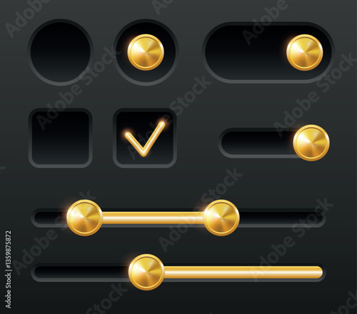 User interface design elements. Toggle button, Radio button and Checkbox. Vector set isolated on black background.