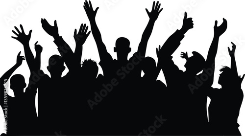 Crowd Silhouette with Raised Arms, Celebration, Monochrome Background, Enthusiasm, Joy