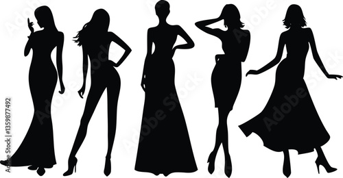 Elegant Women Silhouettes Collection, Fashionable Poses, Dresses, Isolated on White