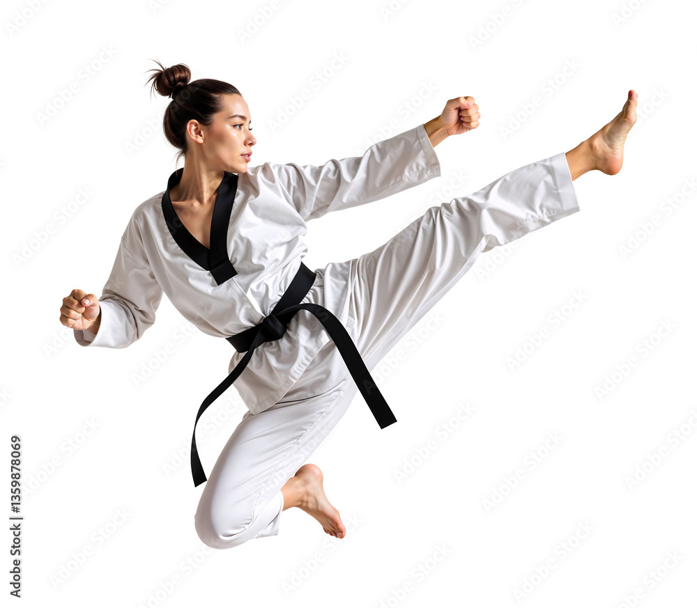Naklejka premium Female Taekwondo athlete demonstrating a mid-air flying kick