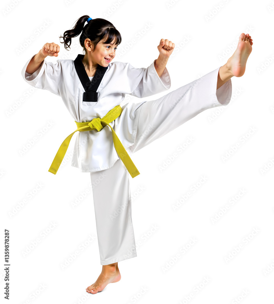 Young girl in yellow belt performing a kick in taekwondo dobok uniform