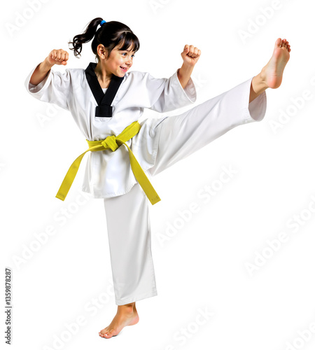 Obraz na płótnie Young girl in yellow belt performing a kick in taekwondo dobok uniform w salonie
