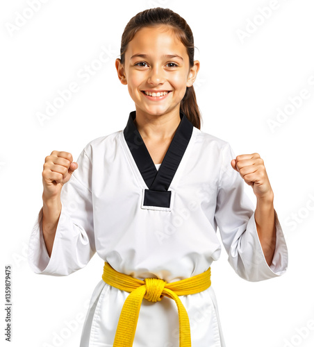 Young girl in taekwondo debok with yellow belt posing with a cheerful expression