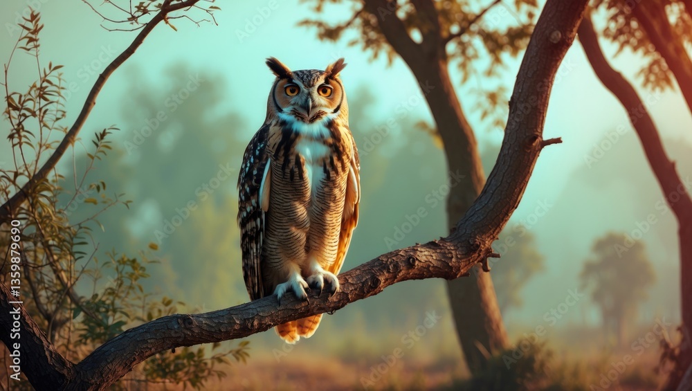 Obraz premium A long-eared owl rests on a tree branch with a hazy backdrop. Owl in its natural habitat.