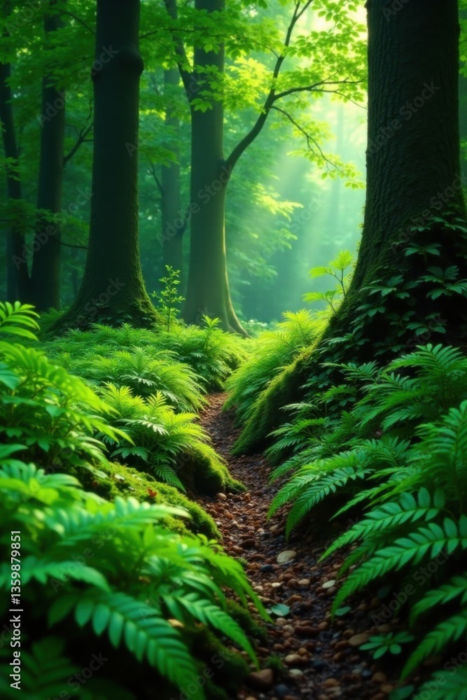 Fototapeta premium Lush ferns carpet the forest floor with vibrant greens, forest floor, nature