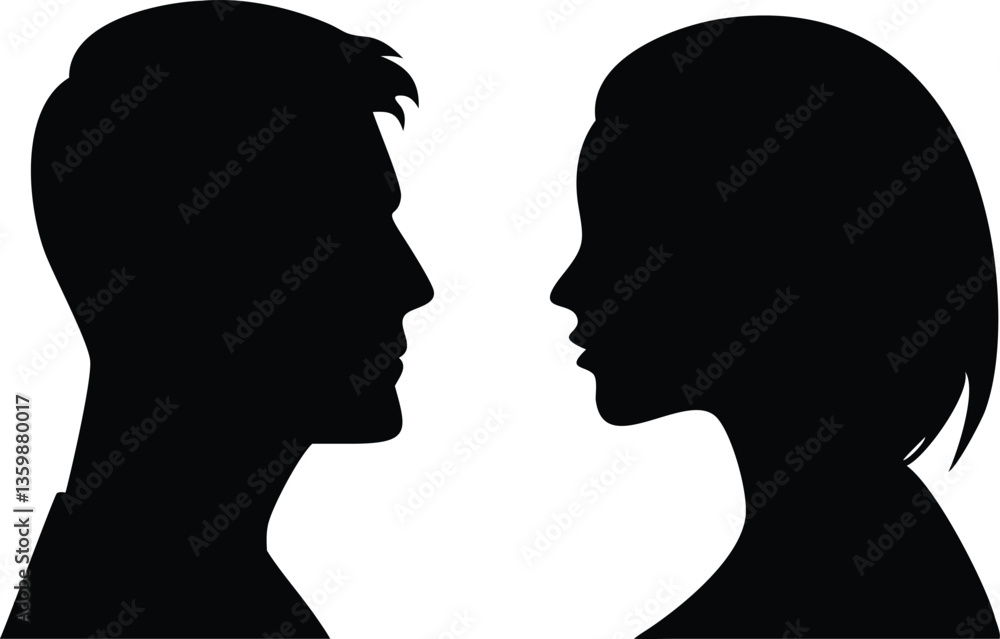 Man and Woman Silhouette Profiles Facing Each Other. Black and White, Minimalist Design Man and Woman Silhouette Profiles Facing Each Other. Black and White, Minimalist Design