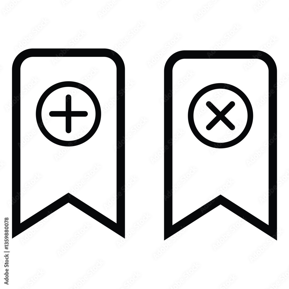 Bookmark outline vector icon set. Containing click button, add, remove, star favorite, rename or edit, list, save, settings, enter, copy, primary, open, manager, show icon illustration. Bookmark outline vector icon set. Containing click button, add, remove, star favorite, rename or edit, list, save, settings, enter, copy, primary, open, manager, show icon illustration.