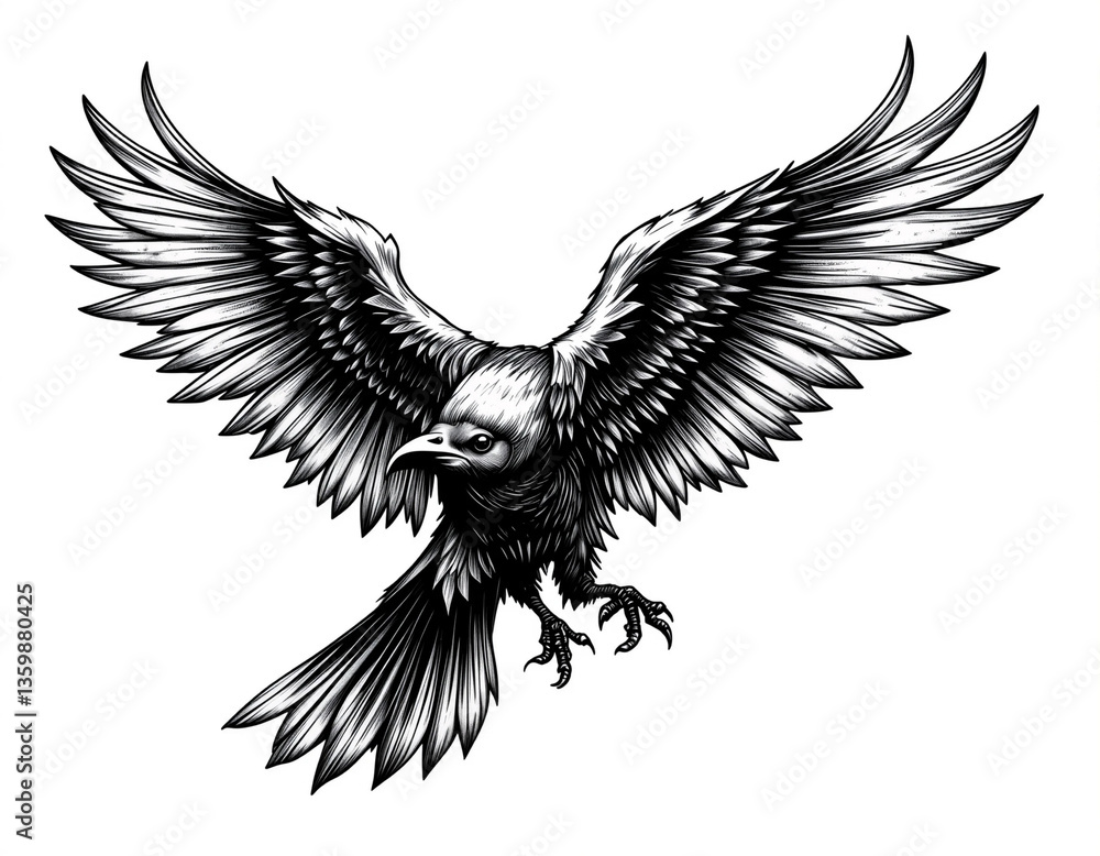 Obraz premium Black and White Raven Tattoo – Isolated Ink Art