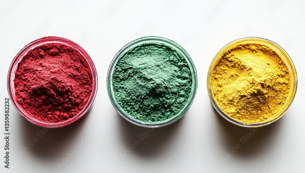 Vibrant Natural Pigments in Jars: Red, Green, and Yellow Powders for Art, Crafts, and Decoration on a Clean Surface Vibrant Natural Pigments in Jars: Red, Green, and Yellow Powders for Art, Crafts, and Decoration on a Clean Surface