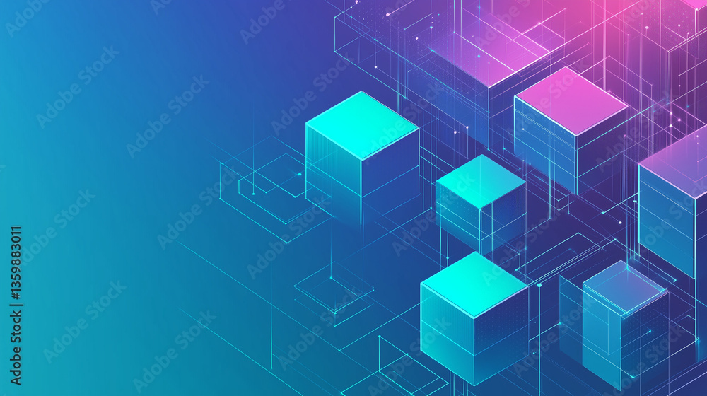 Isometric geometric shapes and lines over a sleek gradient from indigo to turquoise. Useful for cloud computing or SaaS marketing Isometric geometric shapes and lines over a sleek gradient from indigo to turquoise. Useful for cloud computing or SaaS marketing