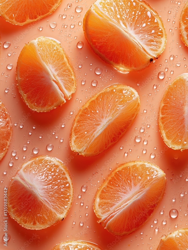 Fresh orange slices with water droplets on peach background. Vibrant and juicy orange segments showing texture, perfect for food, healthy, and vibrant theme designs. Fresh orange slices with water droplets on peach background. Vibrant and juicy orange segments showing texture, perfect for food, healthy, and vibrant theme designs.