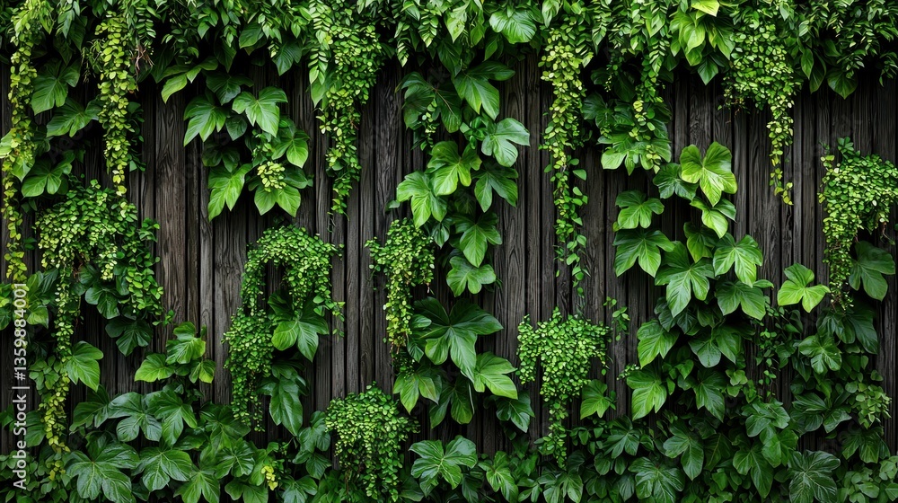 Lush green vines cascading down a dark wooden wall Lush green vines cascading down a dark wooden wall