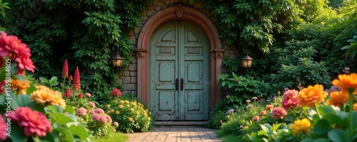 Intricate, oversized door frame in whimsical garden , secret, mystery
