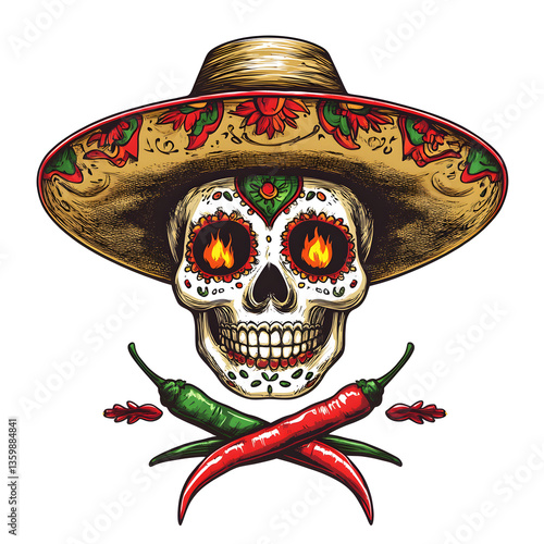 A vibrant skull wearing a sombrero surrounded by flames and chili peppers for a striking design