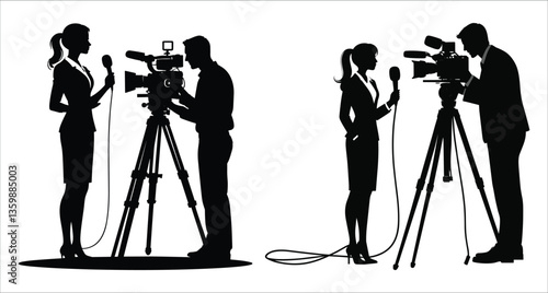 Silhouettes of journalist interviewing with camera operator vector design. Black and white silhouettes of reporter and cameraman. News reporter and videographer silhouette vector art