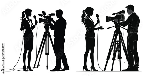 Silhouettes of journalist interviewing with camera operator vector design. Black and white silhouettes of reporter and cameraman. News reporter and videographer silhouette vector art
