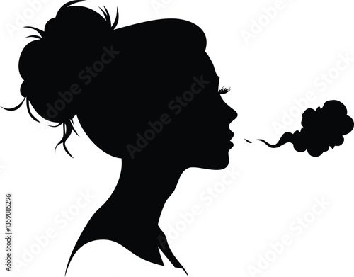 Silhouette of a Woman Exhaling Smoke, Dark Hair Bun, Side Profile, Isolated White