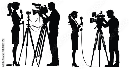 Silhouettes of journalist interviewing with camera operator vector design. Black and white silhouettes of reporter and cameraman. News reporter and videographer silhouette vector art
