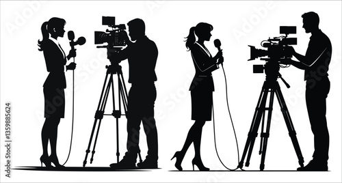 Live interview scene journalist and camera operator silhouettes vector. Silhouettes of reporter holding microphone with cameraman vector design. Silhouette of news anchor and videographer vector art