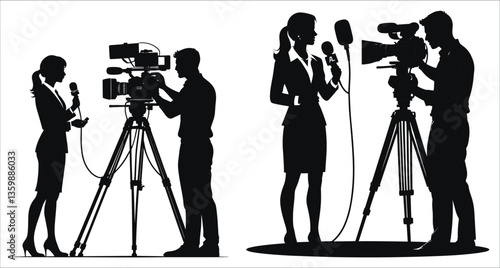 Live interview scene journalist and camera operator silhouettes vector. Silhouettes of reporter holding microphone with cameraman vector design. Silhouette of news anchor and videographer vector art