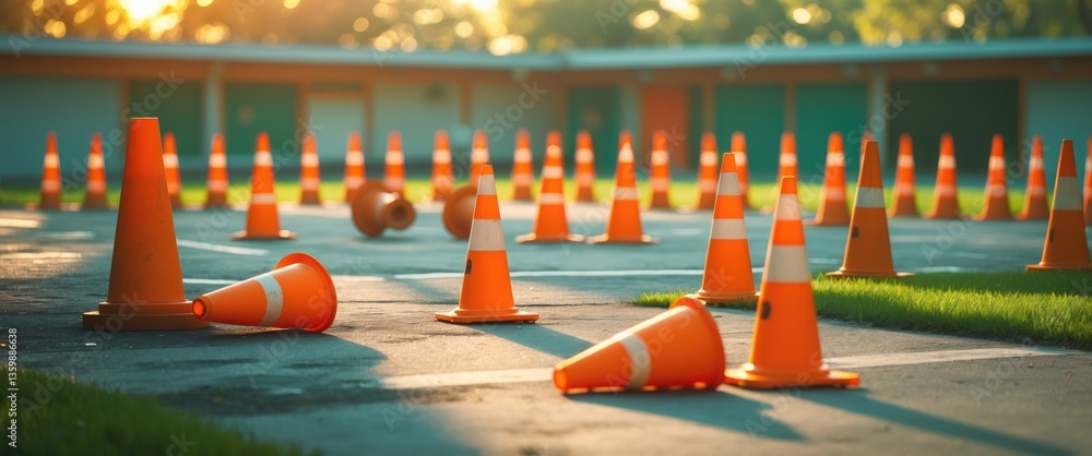 Traffic cones at a driving instruction facility.