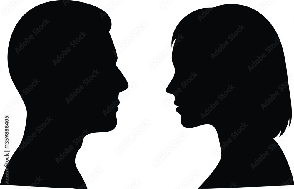 Silhouette Profile Faces Man & Woman Facing Each Other, Dark Black, Isolated on White Silhouette Profile Faces Man & Woman Facing Each Other, Dark Black, Isolated on White