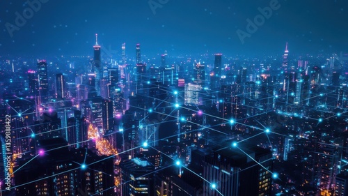 Futuristic smart city skyline at night with glowing network grid in blue and pink tones. Low-voltage energy equipment