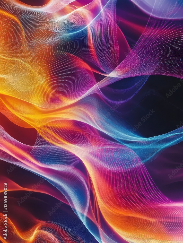 Obraz premium Colorful sound wave visualization capturing voice and audio energy. Abstract background with bright, flowing lines showcasing dynamic audio patterns and intensity.