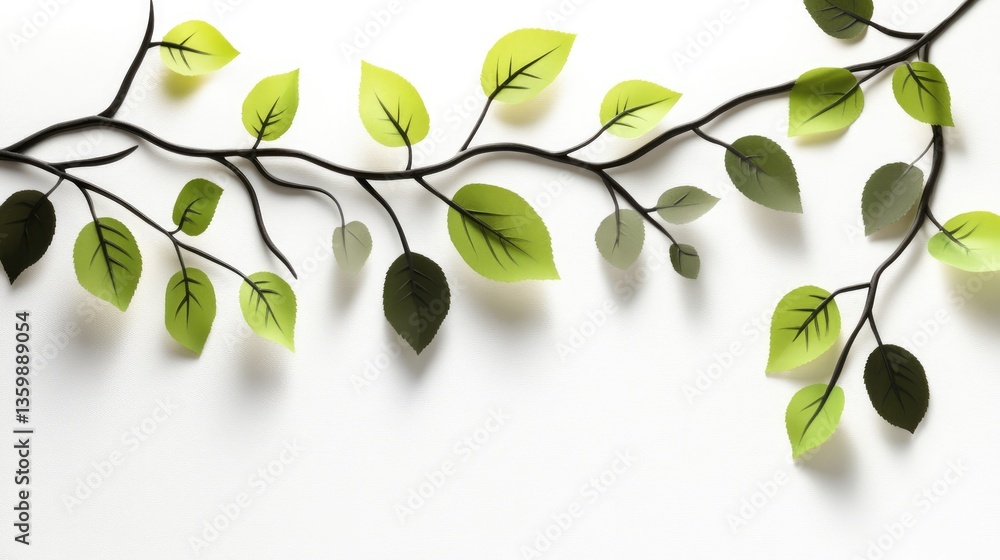 Obraz premium Green paper leaves on a branch create a serene composition against a white background, ideal for nature themes