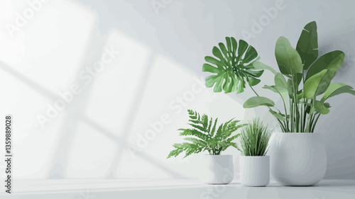 The image shows three potted plants—a Monstera deliciosa, a fern, and what appears to be a type of peace lily—arranged on a white surface against a white wall.  The plants are in varying sizes of